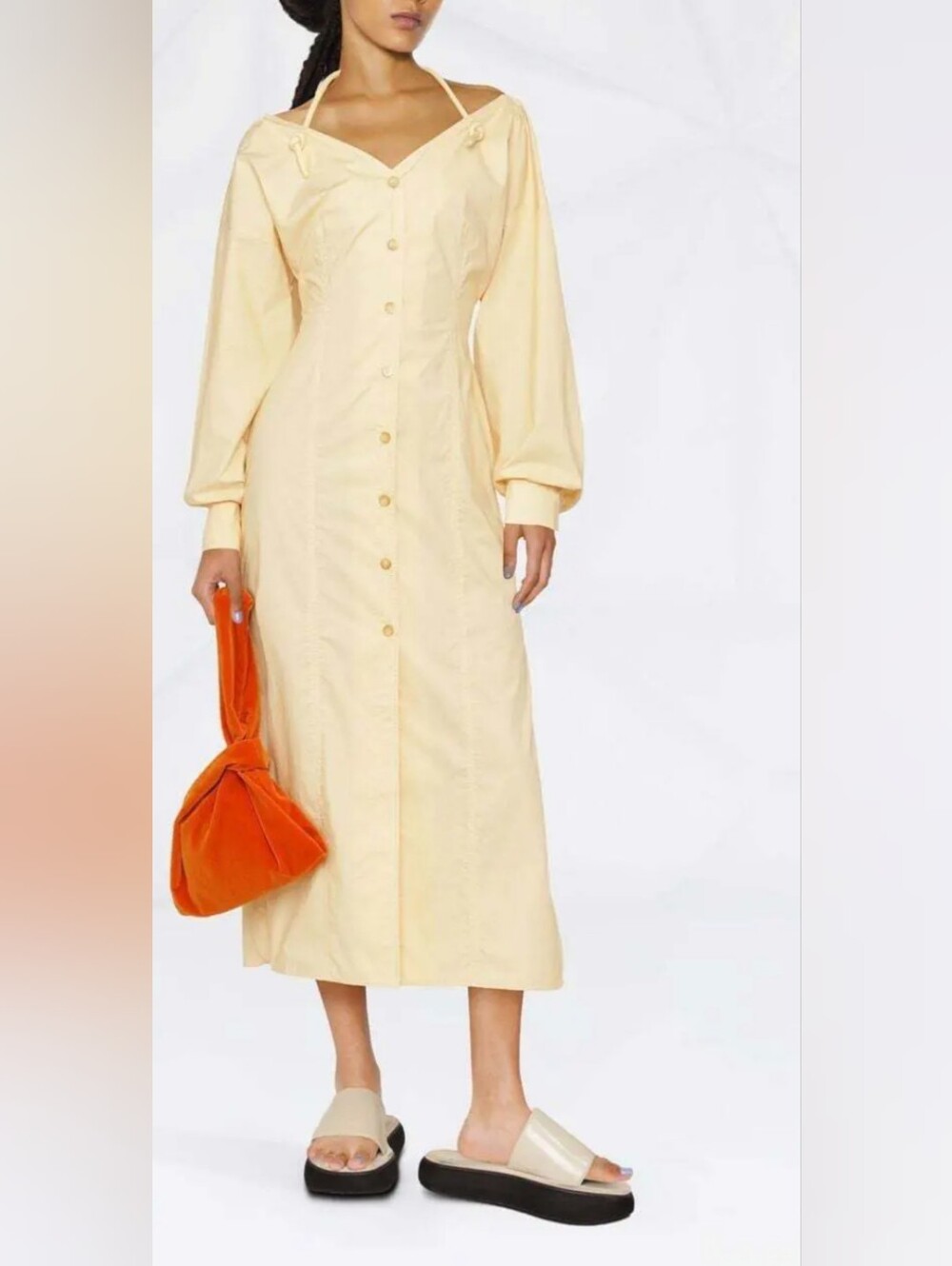 Nanushka Pale Yellow Button-Front Midi Dress